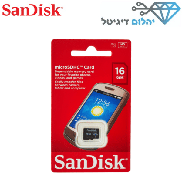 כרטיס זכרון SanDisk מסוג Micro SDHC בנפח 16GB