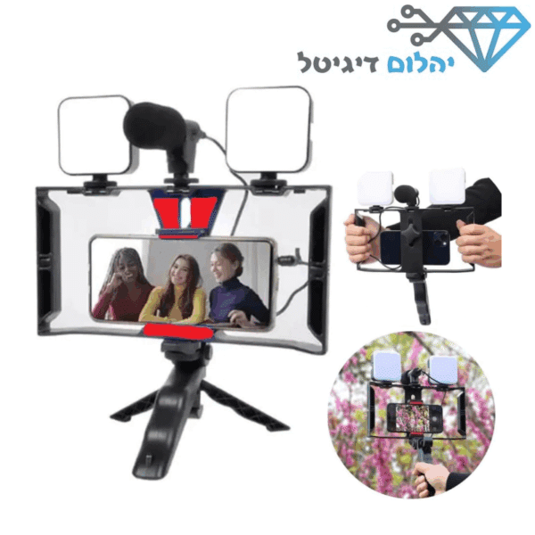 מייצב צילום לטלפונים ניידים ומצלמות כולל תאורת לד כפולה ומיקרופון